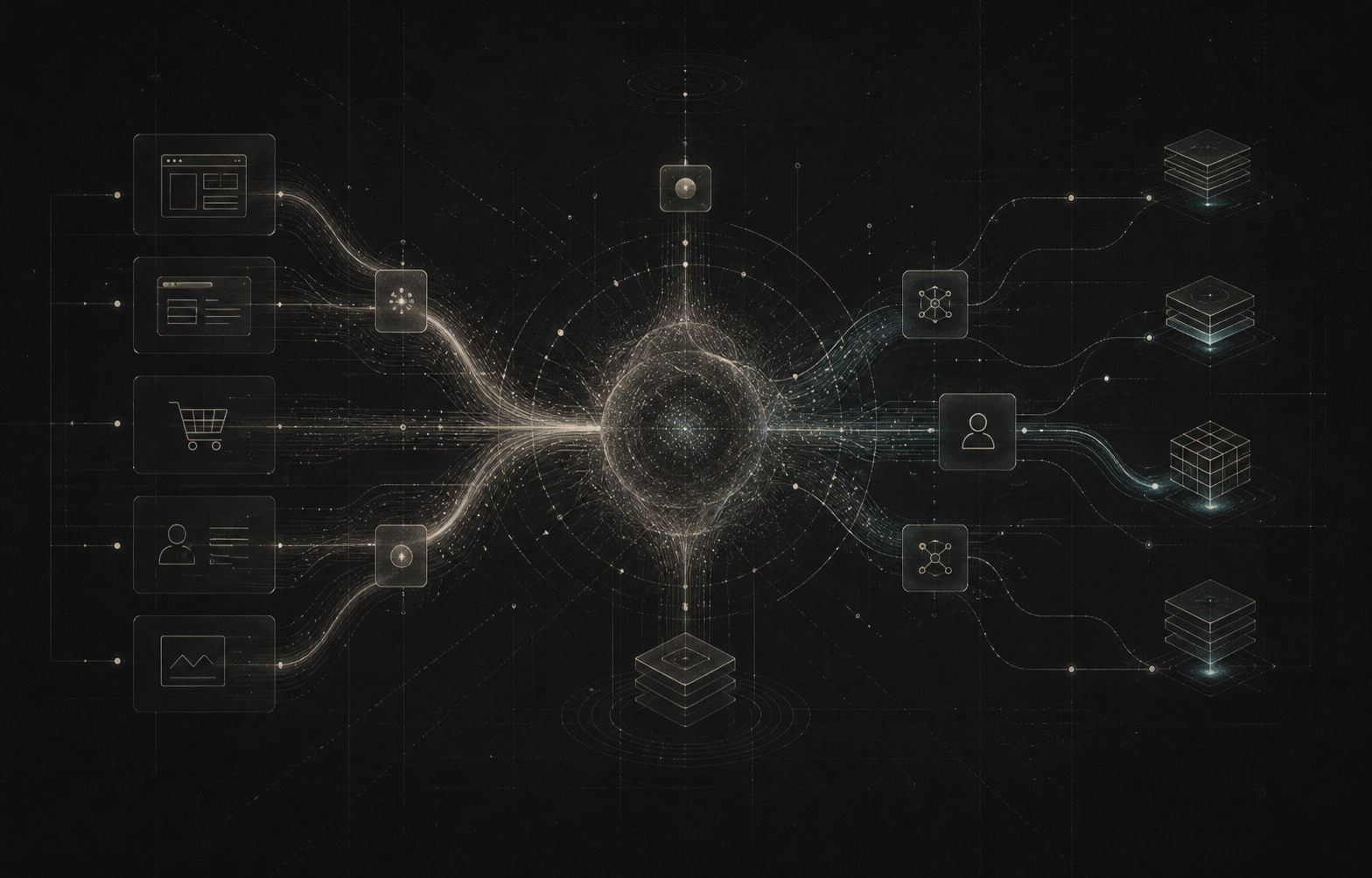 Abstract AI operating layer connecting website, automation, CRM, and data workflows