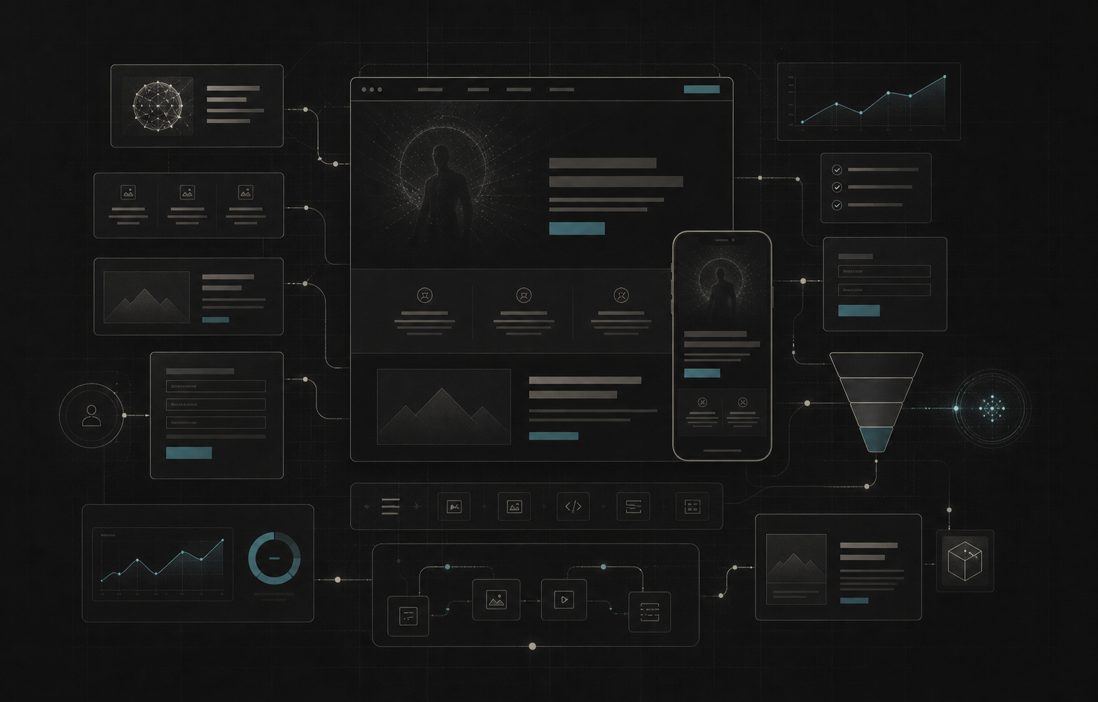 Dark website studio interface with responsive layouts, analytics, funnel, and AI workflow modules